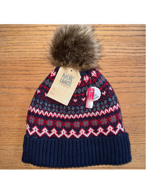 NWT Adult OSFM Muk Luks Wool Blend Fleece Lined Pom Pom Winter Cuff Hat Navy